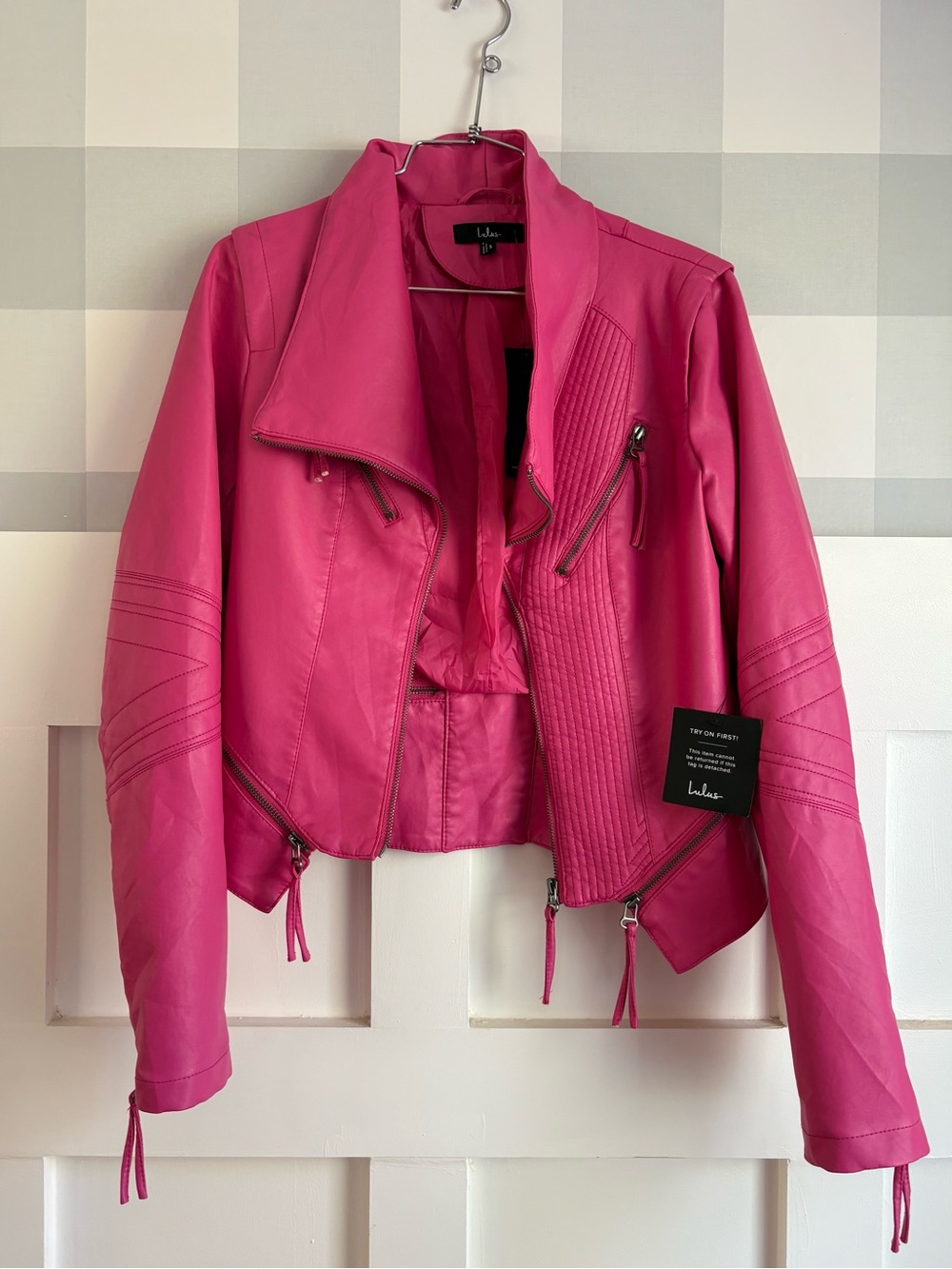 Lulu's Hot Pink Faux Leather Moto Jacket Small - Picture 10 of 10